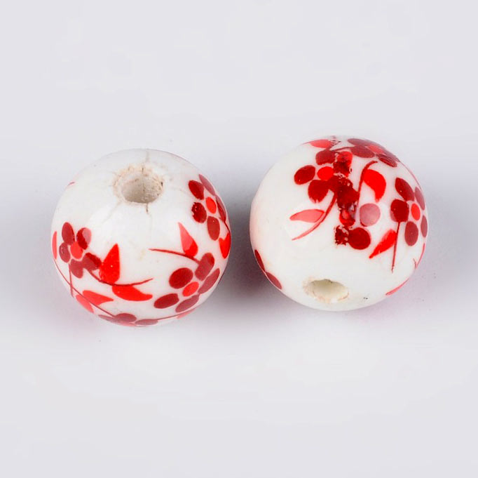 Porcelain bead, white with red flowers, round, 12 mm, 4 pieces
