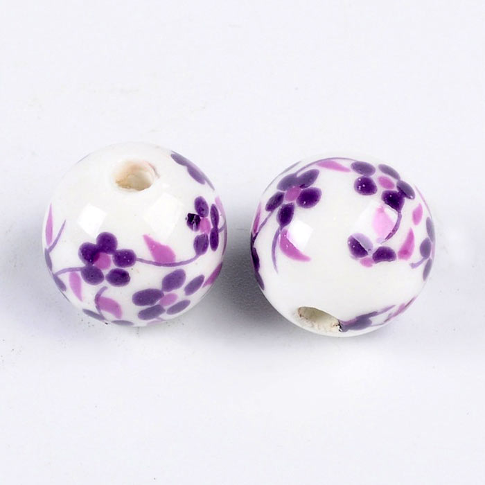 Porcelain bead, white with purple flowers, round, 12 mm, 4 pieces