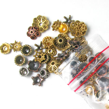 Mixed bead caps, different designs, ass. colors: brass, copper, gold and silver, approx. 60 pcs