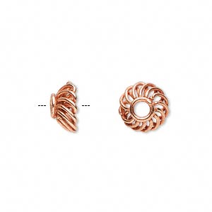 Copper, bead cap, corrugated, 10x5mm, 6pcs.