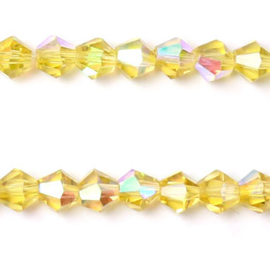 Celestial crystal, complete strand, bicone, yellow, iridescent, 6x6 mm, 54pcs.