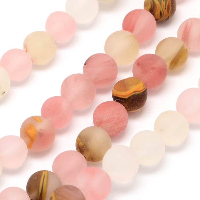 Glass bead, full strand, color mix (tigerskin/rosa), frosted, round, 8 mm, 48 pcs.