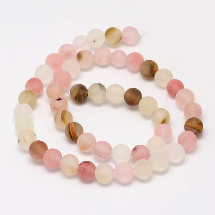 Glass bead, full strand, color mix (tigerskin/rosa), frosted, round, 8 mm, 48 pcs.