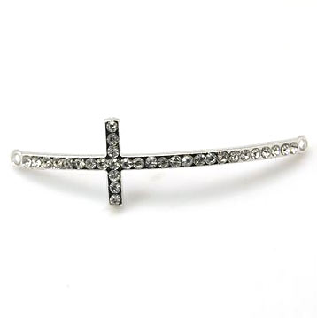 Pendant, silvered long curved cross w. crystals and eye at both ends, 53x15x3mm, 1pc.