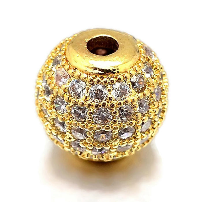Round exclusive gilded bead, set with transparent zirconia, 6mm, 1pc