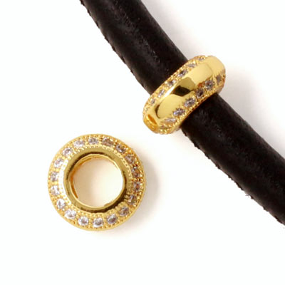 Exclusive gilded bracelet bead, with zirconia and large hole, 10mm, 1pc.