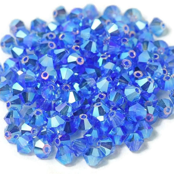 Preciosa, crystal, pearl, sapphire blue, 2xAB, iridescent, bicone, 4 mm, 10 pcs