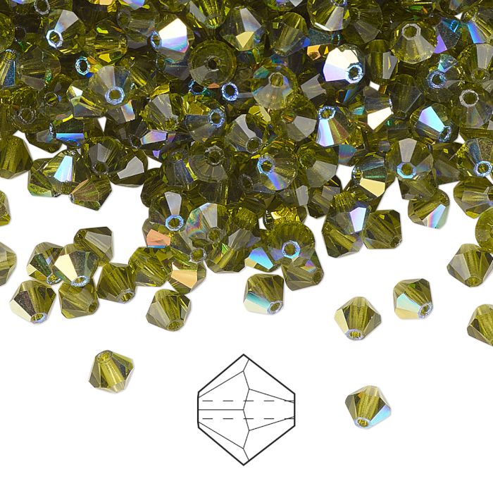 Preciosa, crystal, bead, olive green, AB, iridescent, bicone, 4mm, 10 pcs