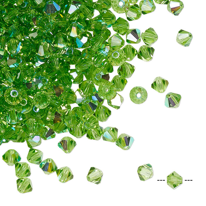 Preciosa, crystal, pearl, peridot green, AB, iridescent, bicone, 4 mm, 10 pcs