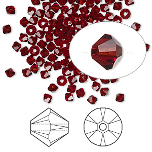 Preciosa crystal beads, dark red, siam, facetted bicone, 4mm, 10pcs