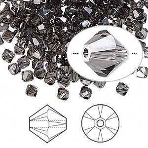 Preciosa crystal bead, black diamond satin, facetted bicone, 4mm, 10pcs