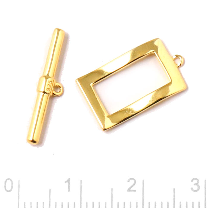 Toggle clasp, gold plated silver, square, pin length 25mm, ring 17,5x10mm, 1 set