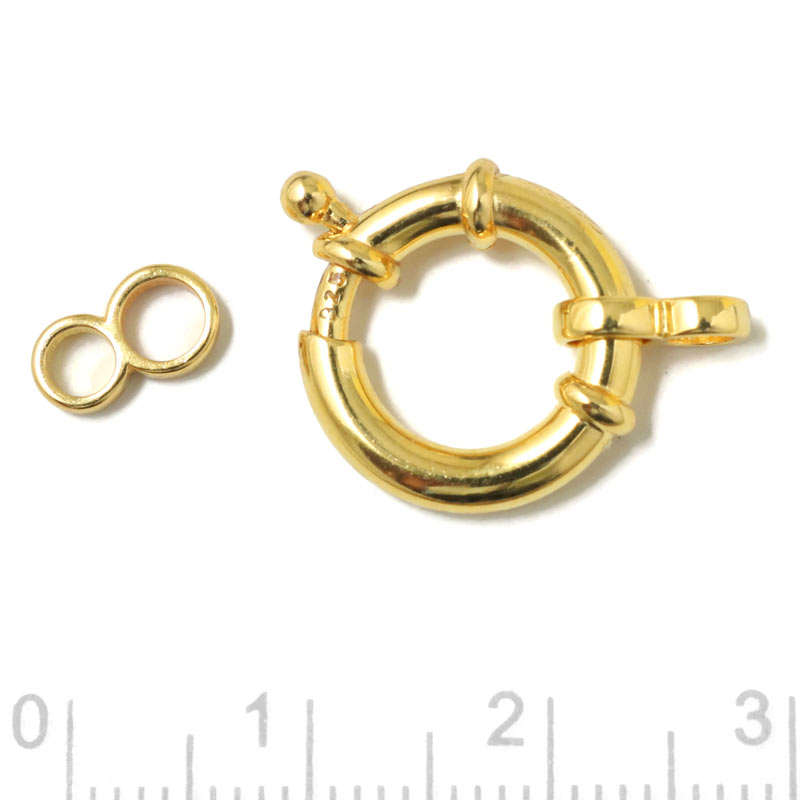 Spring ring clasp with two 8-shaped O-rings, gilded silver, diameter 14mm, 1pc.