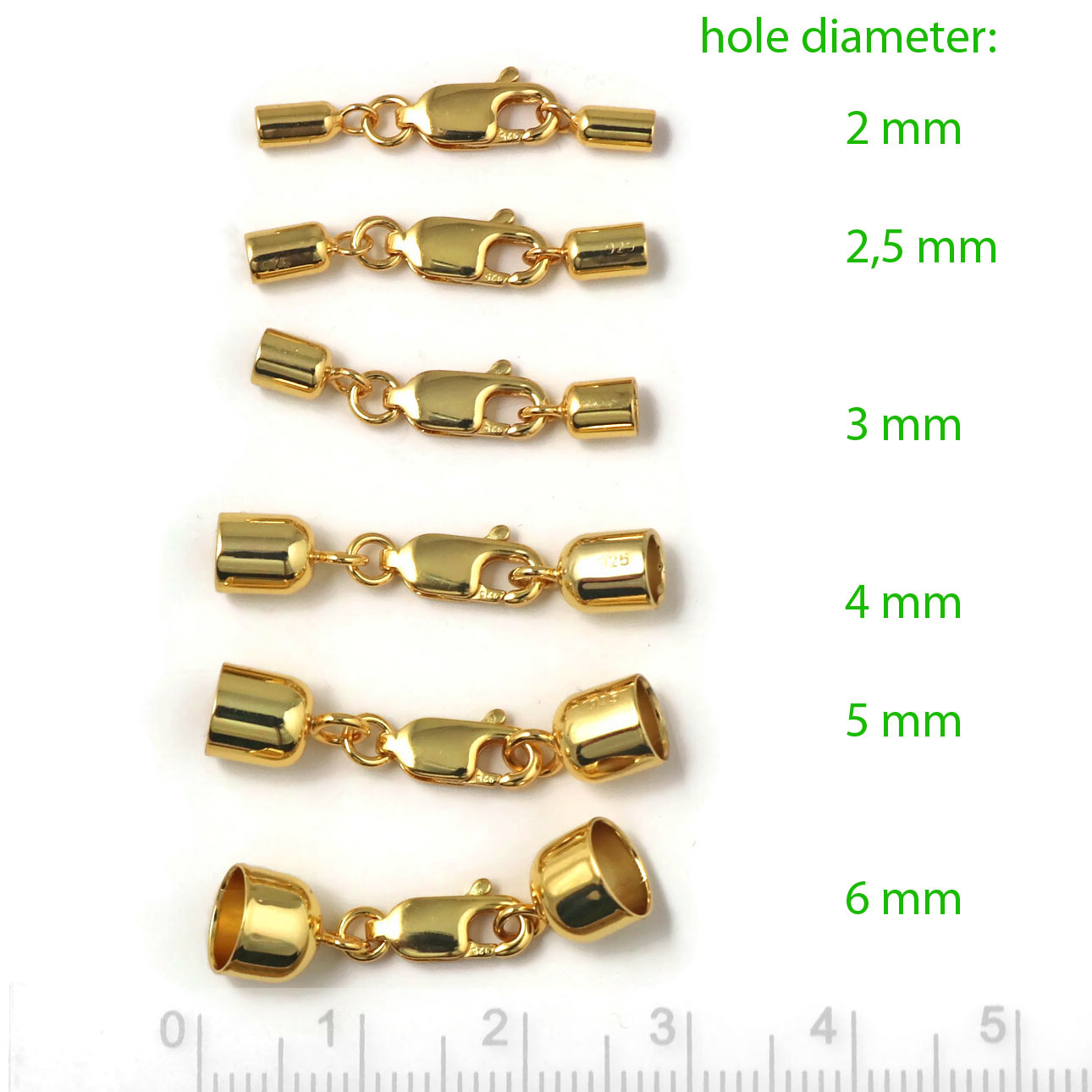 Cord ends, gilded silver with lobster claw clasp and 4mm cord end cups, 1 set