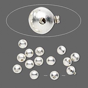 Crimp, screw-tite, round, silver-plated brass, 4mm. 6pcs.