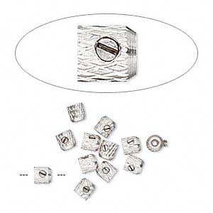 Crimp, screw-tite, barrel, silver-plated brass, 3x3mm. 6pcs.