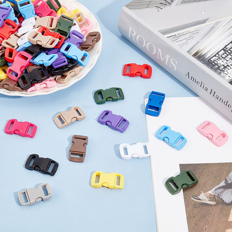 Buckle clasp in thick plastic, small, single-barred, mix color, 28x14mm, 6pc.