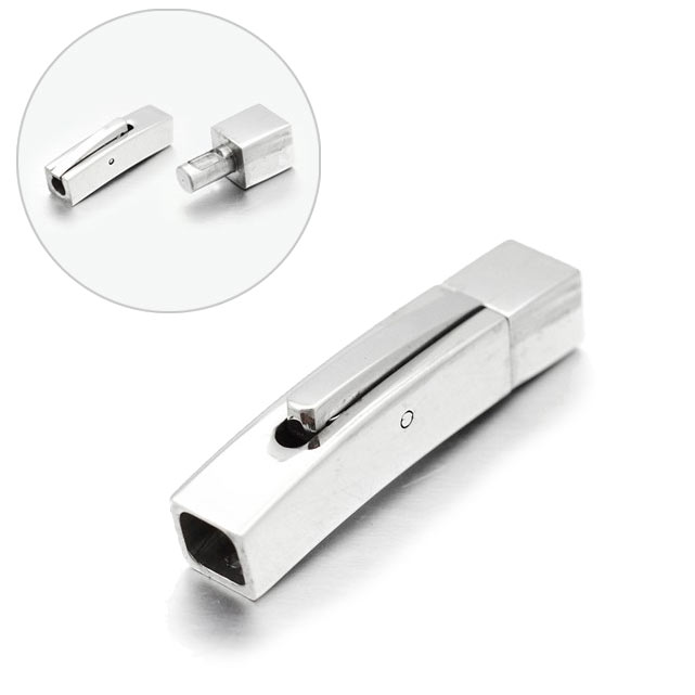 Bayonet clasp, square shape, shiny steel, length 28,5mm, hole size 4x4mm, 1pc