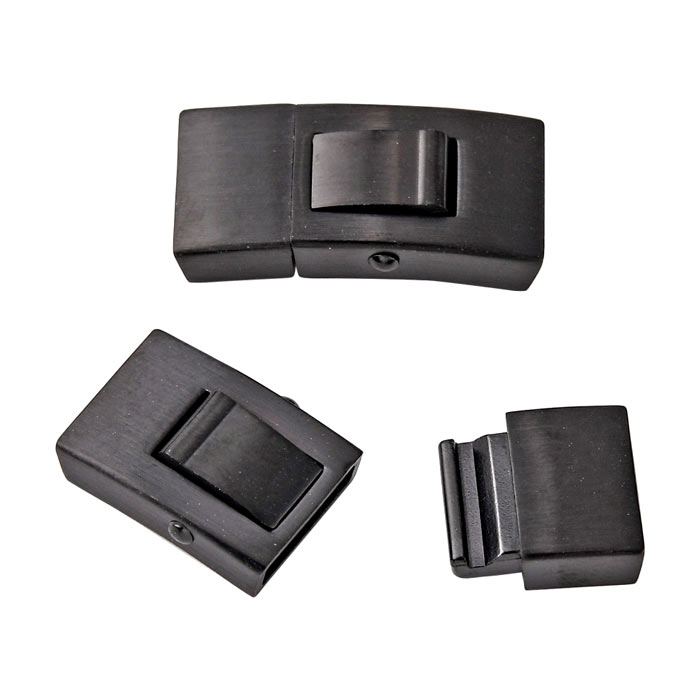 Click-clasp, matte black steel, wide, 25x13mm, hole size 10x3mm, 1pc