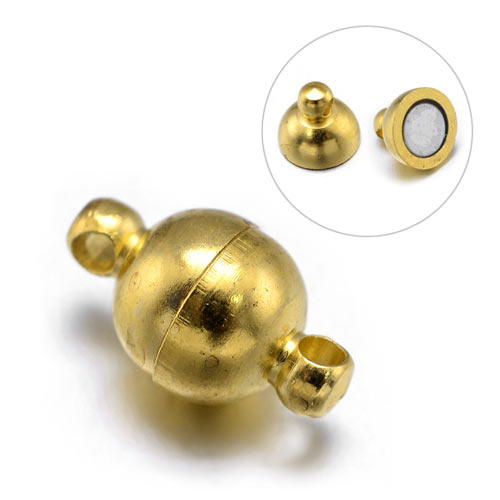 Magnetic jewelry clasp, round, gilded brass, length 11mm, diameter 6mm, 1pc