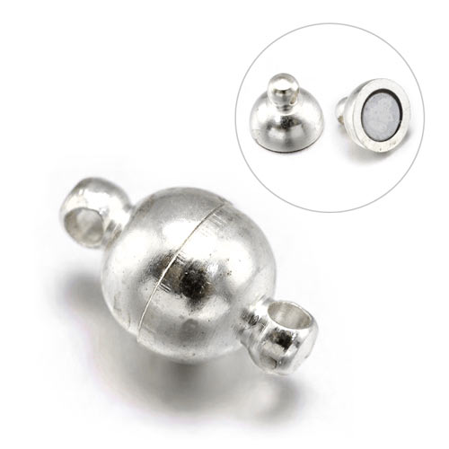 Magnetic jewelry clasp, round, silver plated brass, length 11mm, diameter 6mm, 1pc