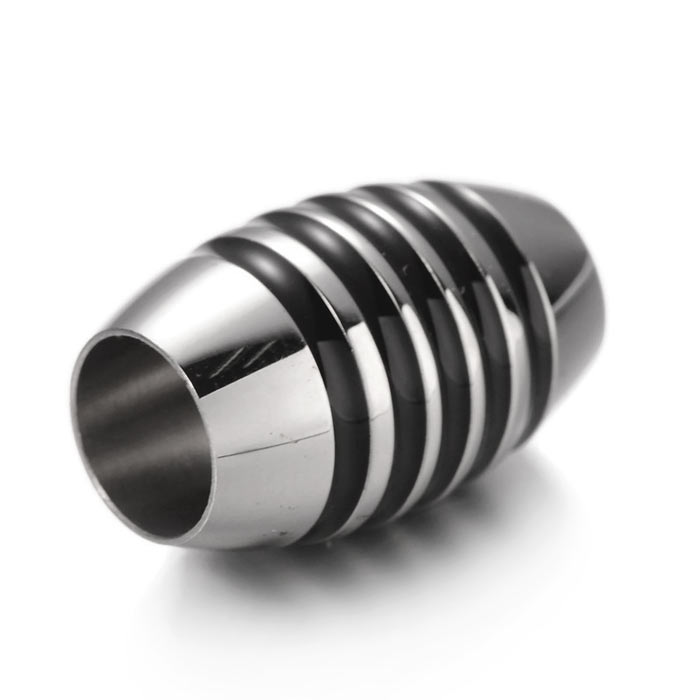 Magnetic clasp, stainless steel, cylinder with black stripes, 18x11,5mm