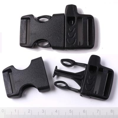 Buckle clasp in thick plastic with built-in whistle, wide, black, 55x27mm., 1pc.
