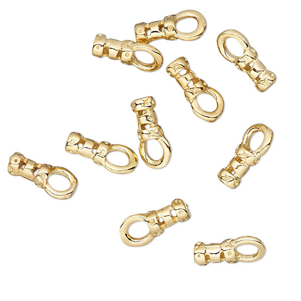 Crimp cord end with loop, gilded brass, 6.5x2mm, hole size 1mm, 6pcs.