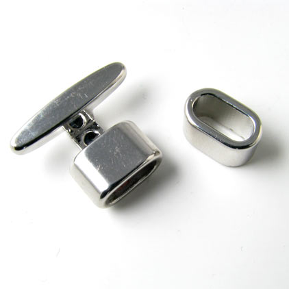 T-clasp with oblong ring, platinum plated brass, steel coloured, hole: 10x4,5mm, 1 set