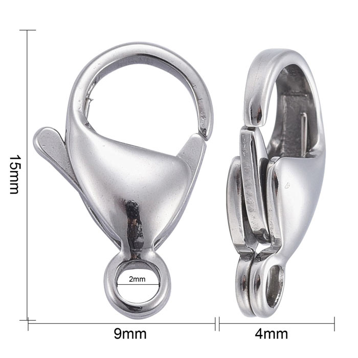 Lobster claw clasp, steel, steel color, 15x9mm, 4pcs.
