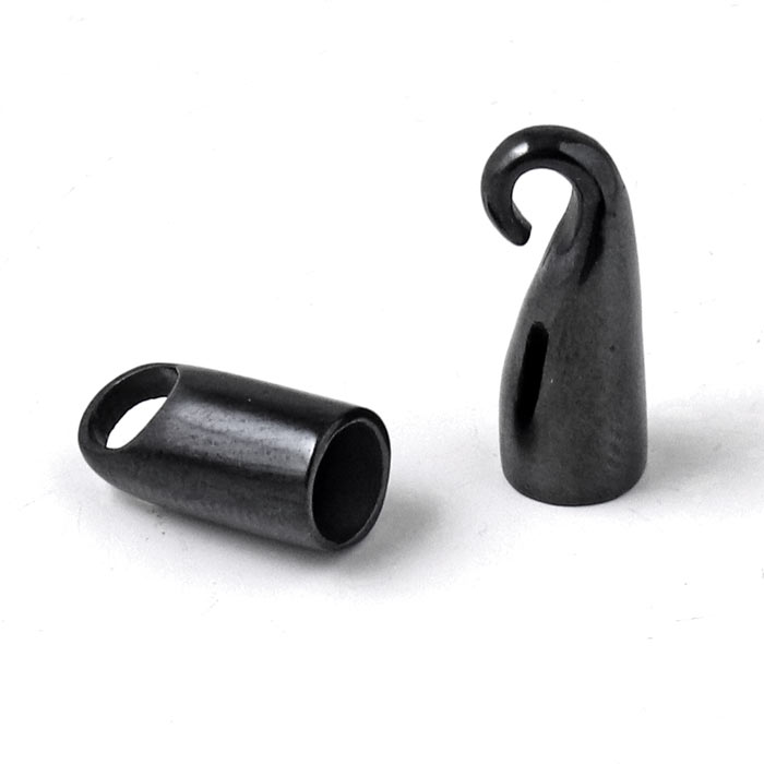 Clasp, hook-and-eye, black stainless steel, glue-in end 6mm, length 36mm, 1 set