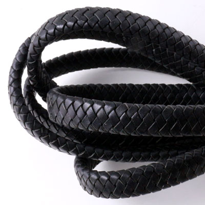 Leather cord, fine flat braided, black, wide model, 12x5mm, 25cm
