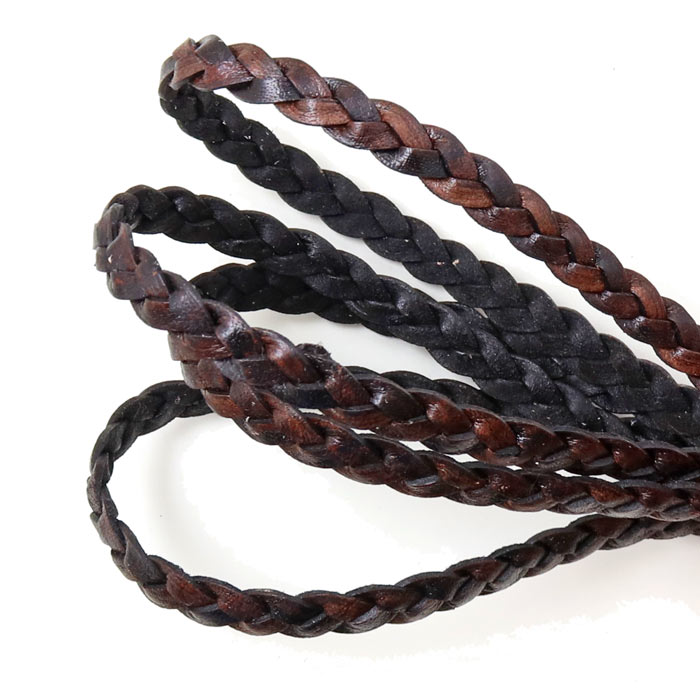 Braided Leather cord, flat, antique dark brown, ca.8x2 mm, 50 cm