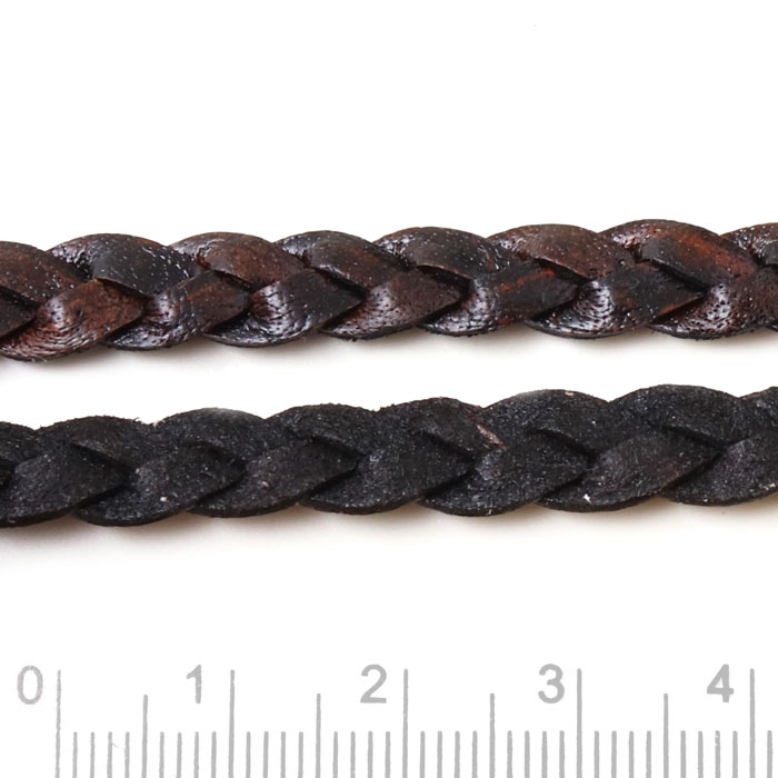 Braided Leather cord, flat, antique dark brown, ca.8x2 mm, 50 cm