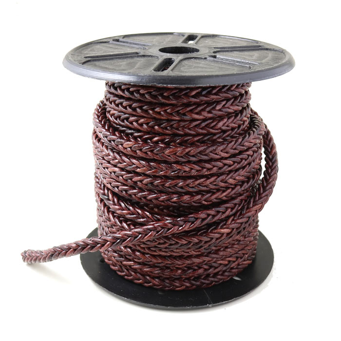 Leather cord, full spool, square braided, antique dark brown, Width 5.5mm, 10m