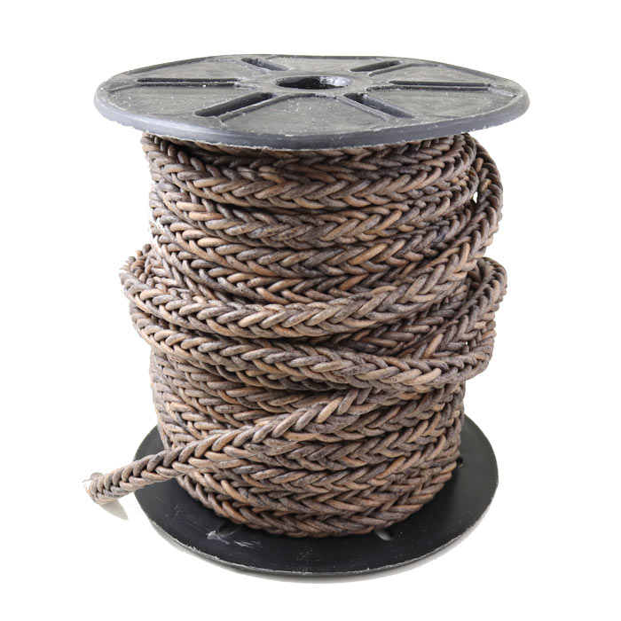 Leather cord, square braided, antique dark natural, Width 5.5mm, 50cm