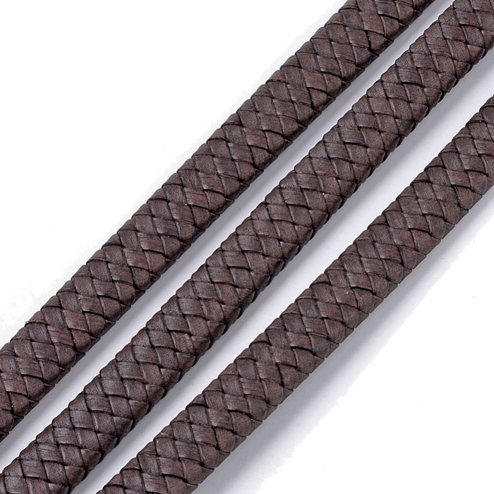 Leather cord, flat braided, coffee brown, high quality, 12x6 mm, per 25cm