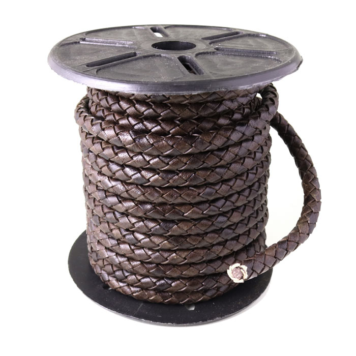 Leather cord, braided bolo cord, roustic dark brown, 3mm, 1 m