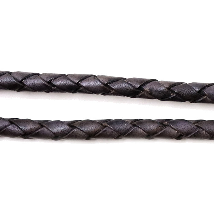 Leather cord, braided, antique greyish black, strong quality, 5mm, 50cm.