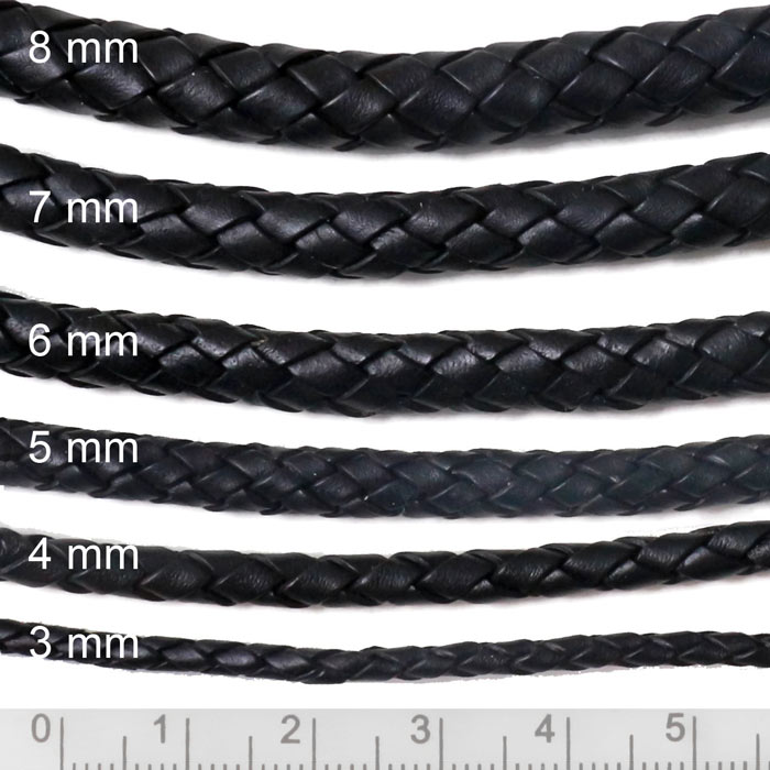 Leather cord, braided on cotton core, black, extra soft, 7mm, 20cm. Always delivered uncut when buying more