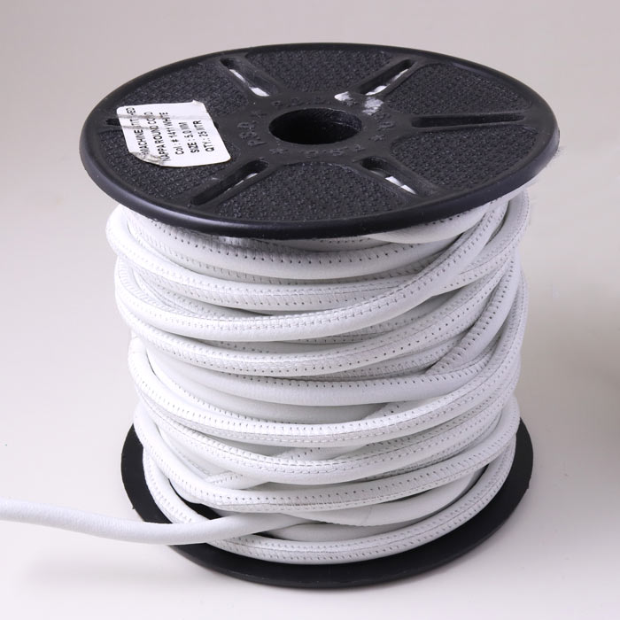 Stitched leather cord, round, batch, white, 5mm, 25 m