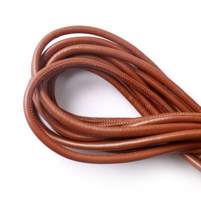 Stitched leather cord, round, cognac brown, 4mm, 20cm