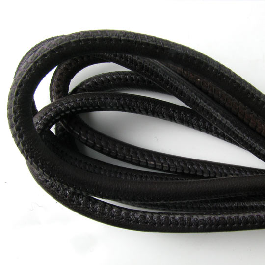 Stitched leather cord, round, black, 6mm, 20cm.