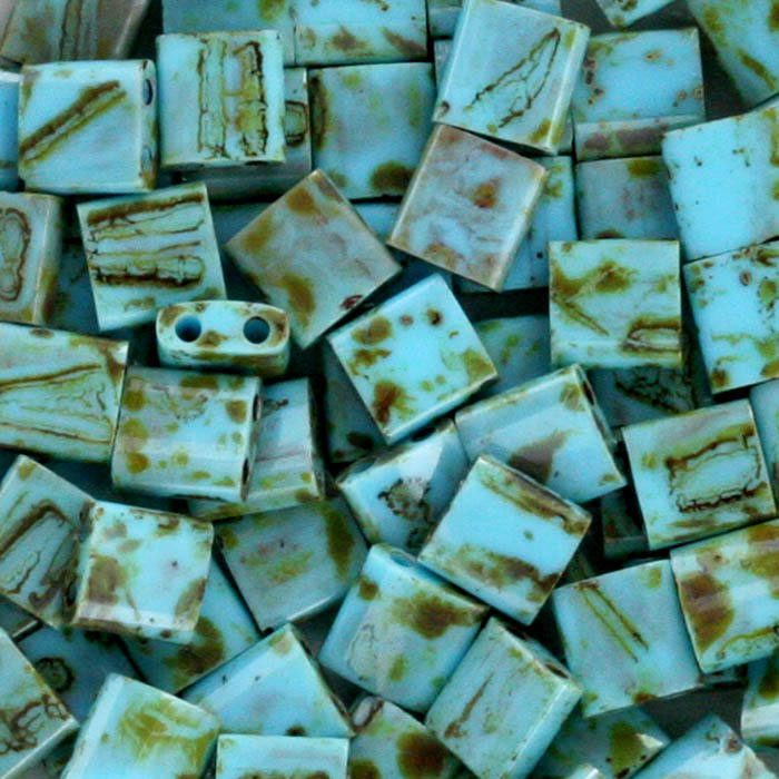 Miyuki, Tila bead, opaque, antique turquoise blue, Picasso, 5x5mm, 10gr, 250pcs