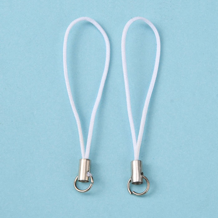 Cell phone strap, white nylon string with small split ring, 1pc.