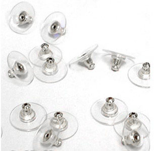 Rubber earnuts for earstuds, silver-coloured with transparent rubber disk, 6pcs