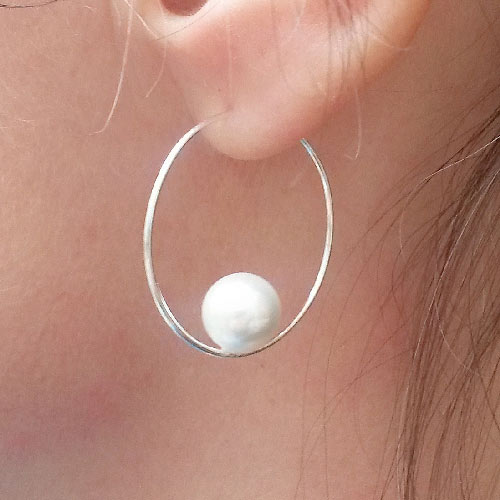 Hoop earring with peg for half drilled beads, silver, 20x0.8mm, 2pcs