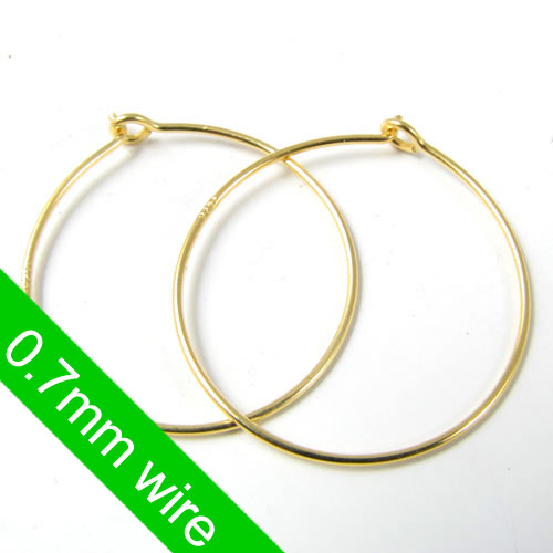 Hoop earring, thin wire, gilded sterling silver, 30x0.7mm, 2pcs