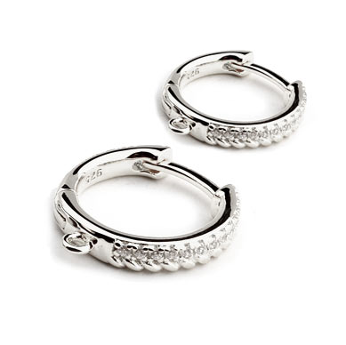 Hinged hoop with 24 clear zirconia and LOOP, silver, 14x2.8 mm, 2 pcs.