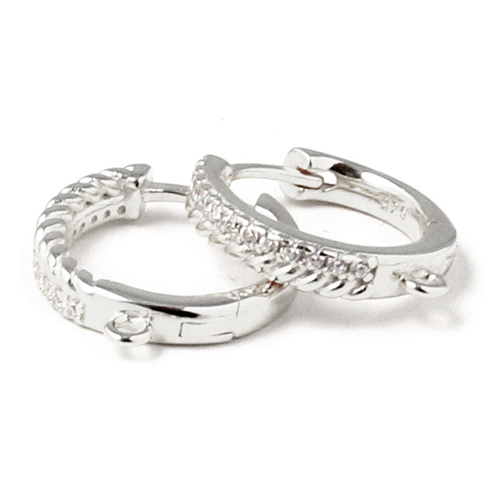 Hinged hoop with 24 clear zirconia and LOOP, silver, 14x2.8 mm, 2 pcs.